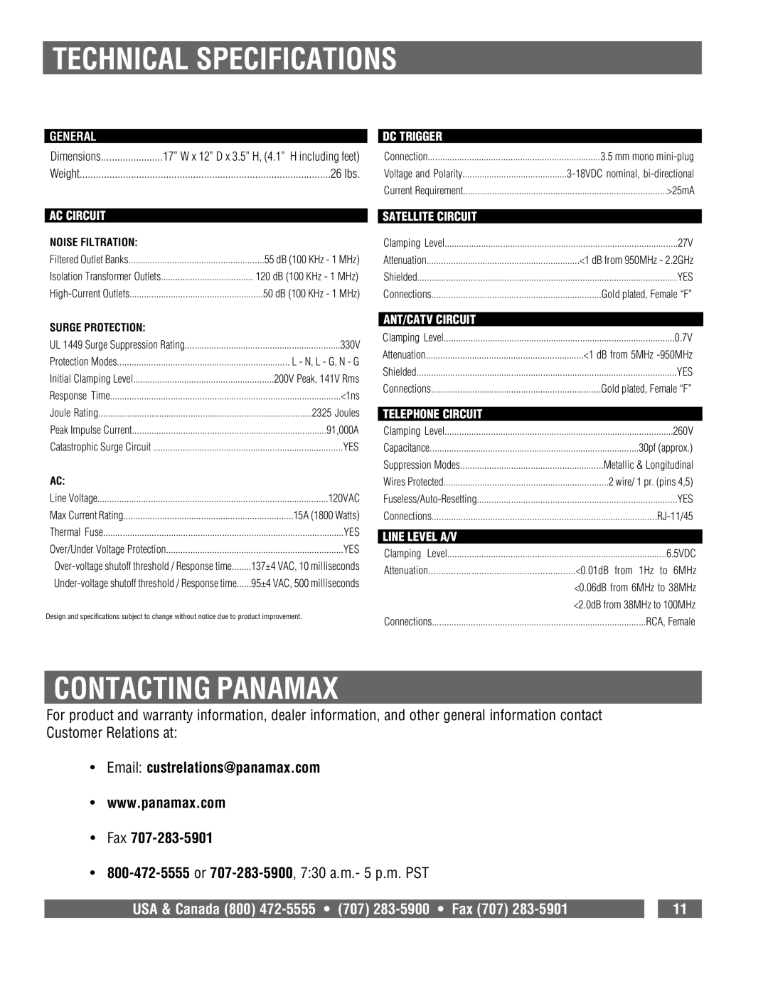 Panamax MAX 5510 owner manual Technical Specifications, Contacting Panamax, Email custrelations@panamax.com Fax 