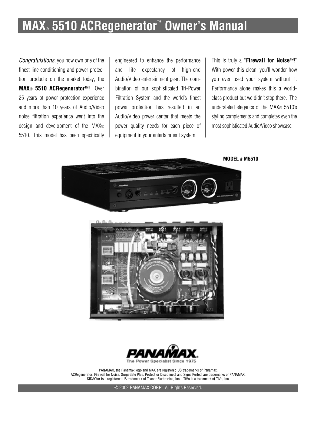 Panamax MAX 5510 owner manual Model # M5510 