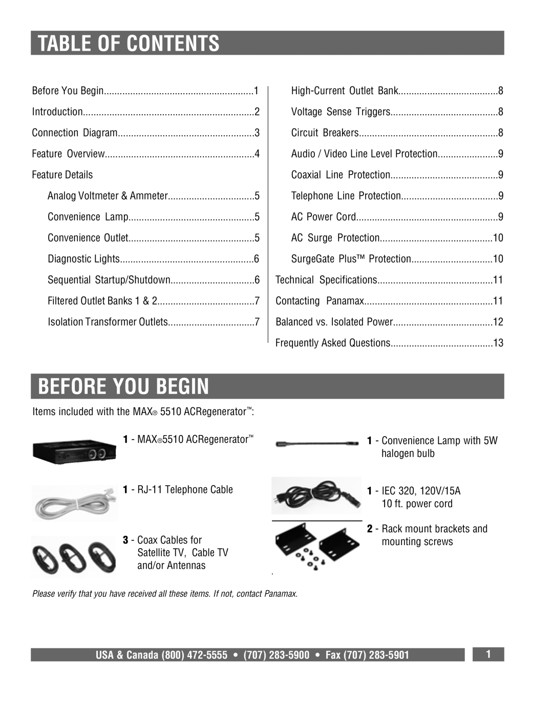 Panamax MAX 5510 owner manual Table of Contents, Before YOU Begin 