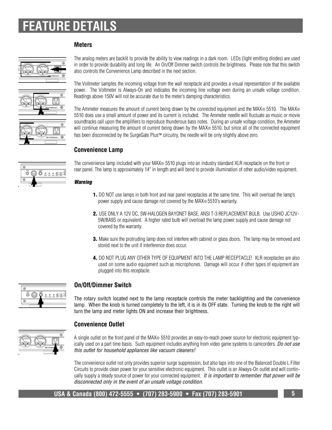 Panamax MAX 5510 owner manual Feature Details, Meters, Convenience Lamp, On/Off/Dimmer Switch, Convenience Outlet 