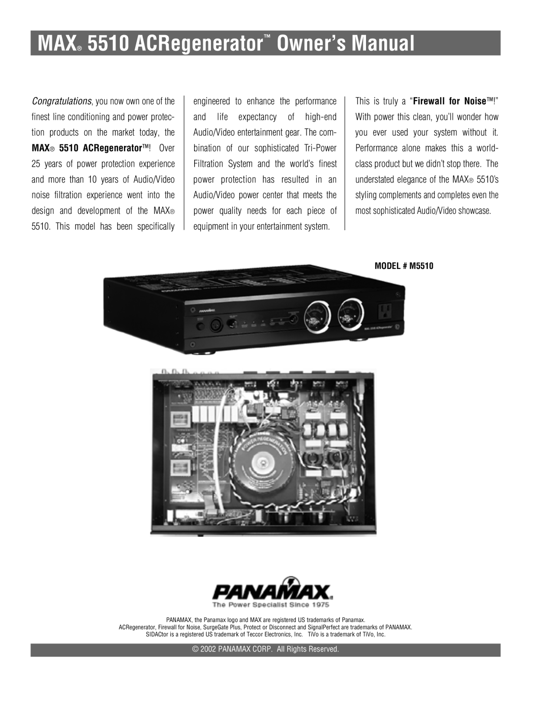 Panamax owner manual MAX 5510 ACRegenerator Owner’s Manual, MODEL # M5510, PANAMAX CORP. All Rights Reserved 