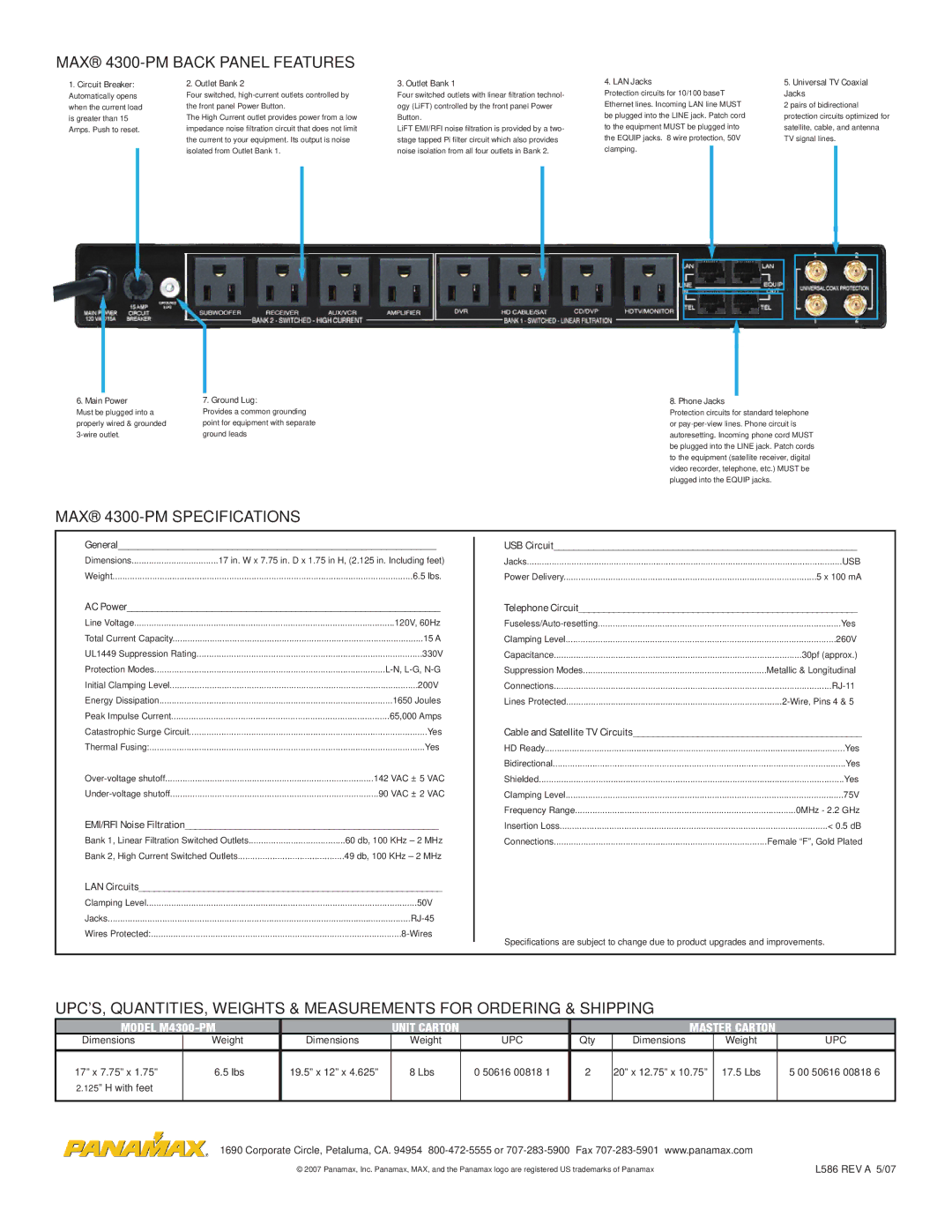 Panamax MAX(R) 4300-PM manual MAX 4300-PM Back Panel Features, MAX 4300-PM Specifications 