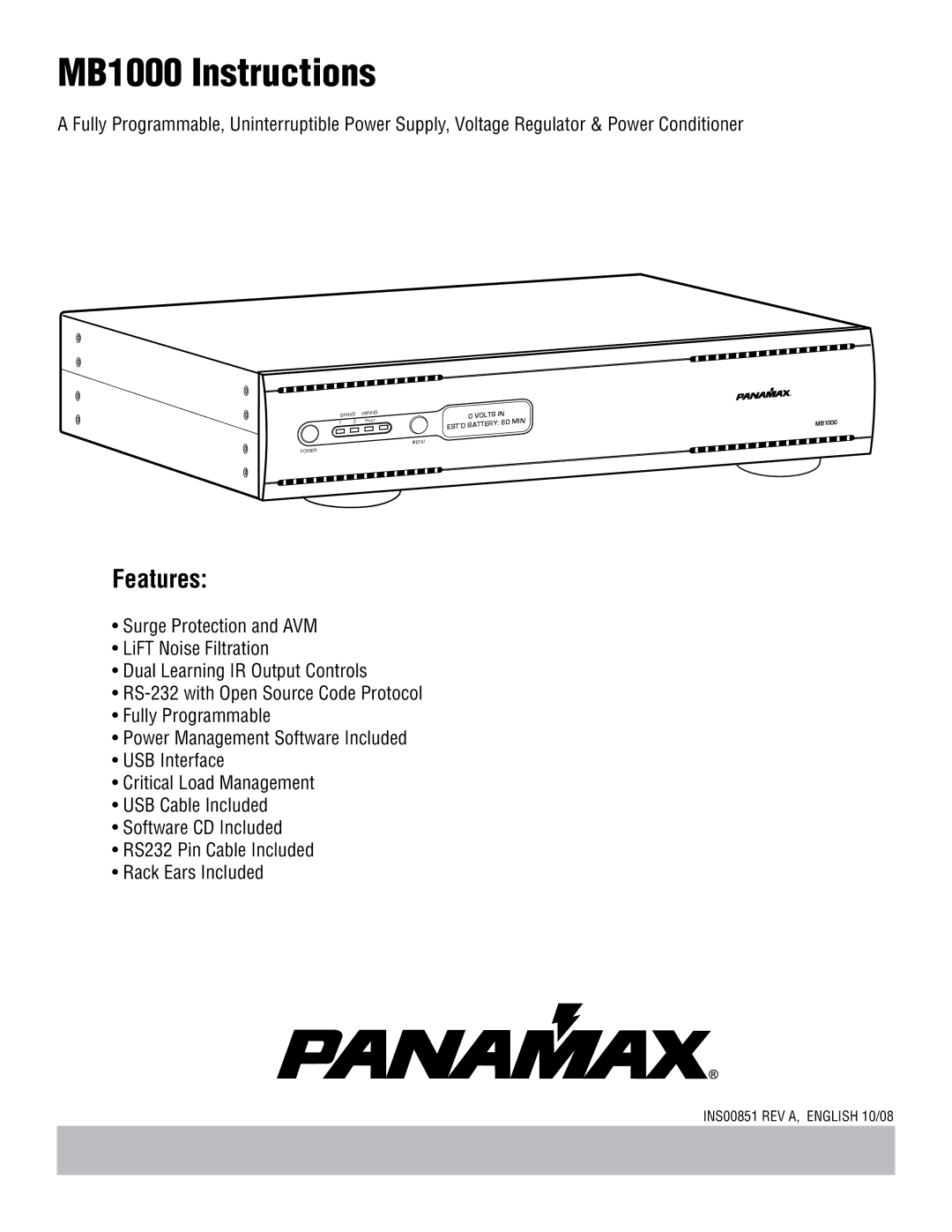 Panamax manual MB1000 Instructions, Features 