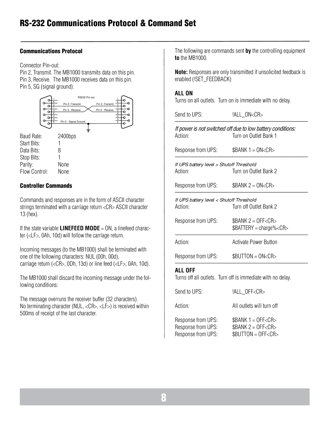 Panamax MB1000 manual Communications Protocol, Controller Commands, ALL on, All Off 