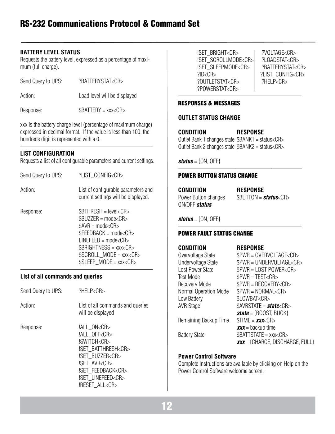 Panamax MB1000 manual Battery Level Status, List Configuration, Responses & Messages Outlet Status Change Conditionresponse 