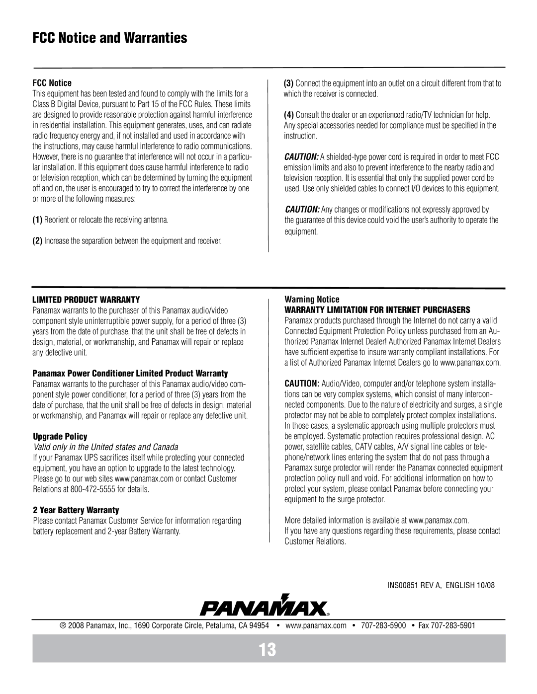 Panamax MB1000 manual FCC Notice and Warranties, Limited Product Warranty 