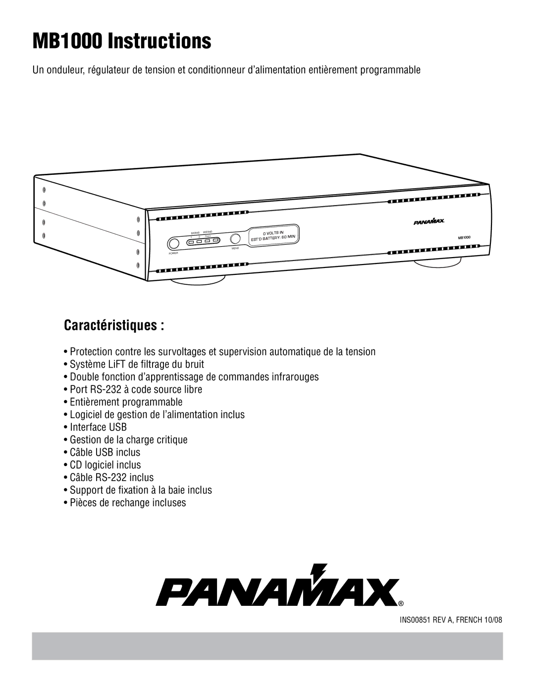 Panamax MB1000 manual Caractéristiques 