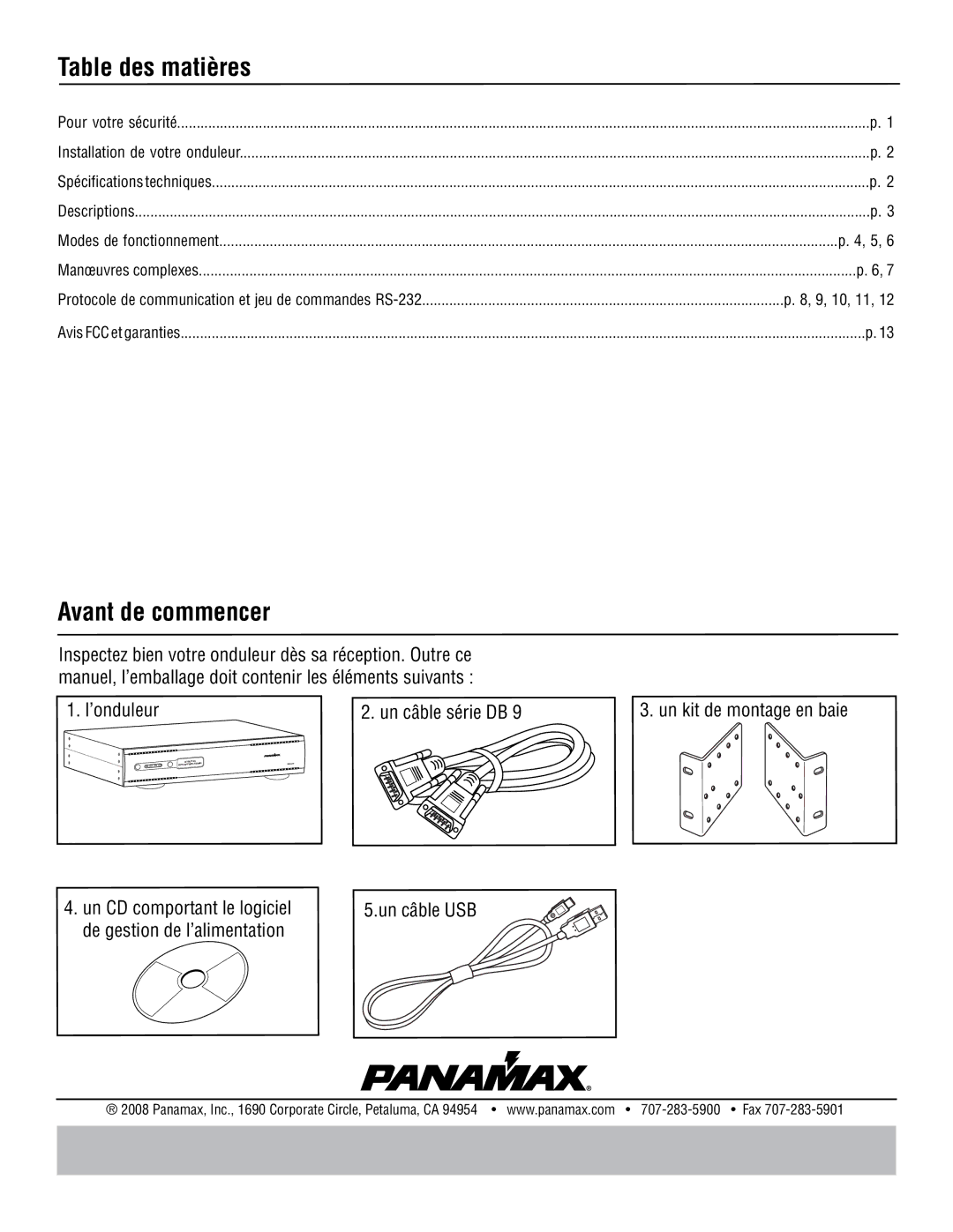 Panamax MB1000 manual Table des matières, Avant de commencer, Un câble USB 