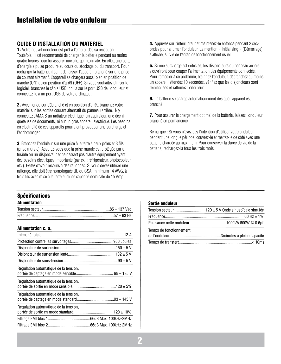 Panamax MB1000 manual Installation de votre onduleur, Alimentation c. a, Sortie onduleur 