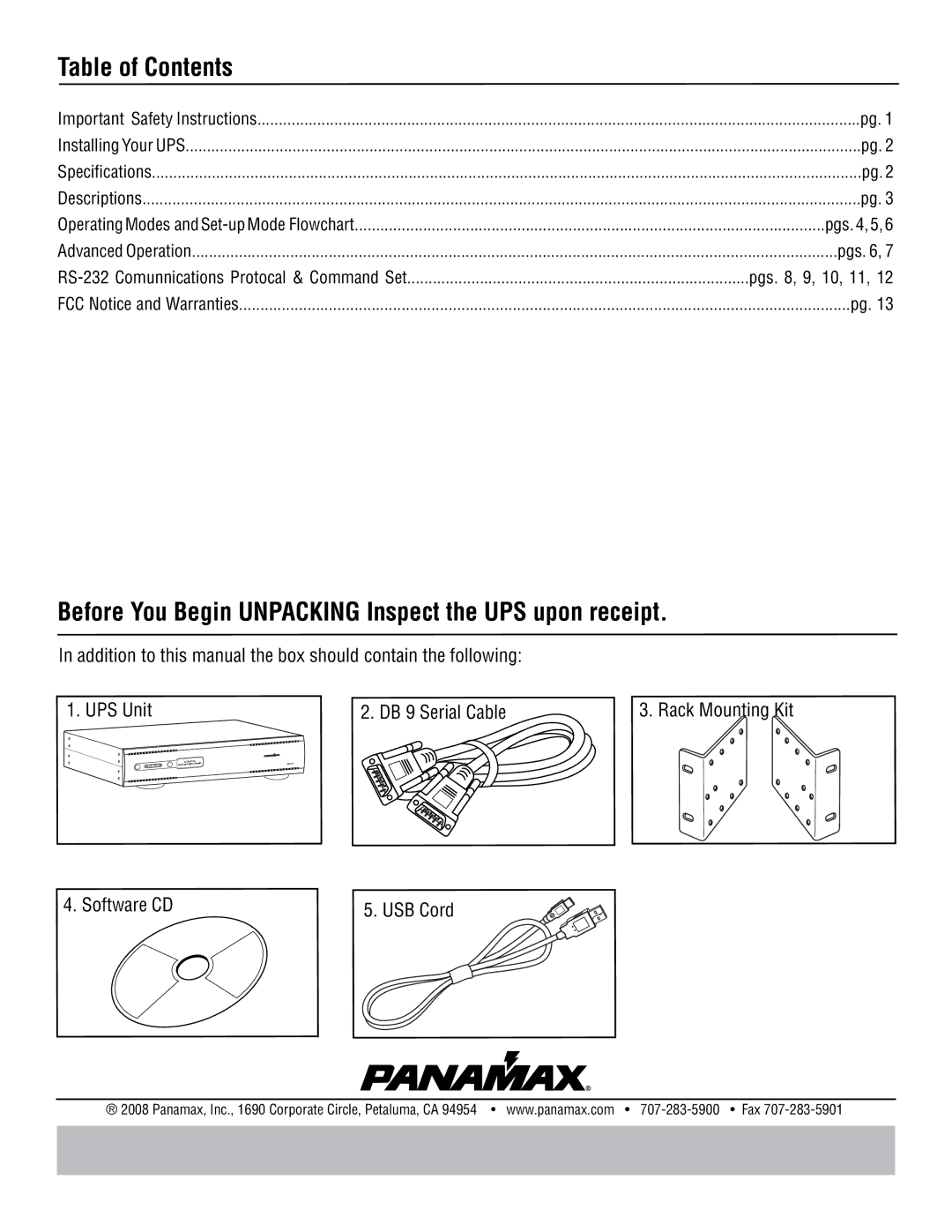 Panamax MB1000 manual Table of Contents, Before You Begin Unpacking Inspect the UPS upon receipt 