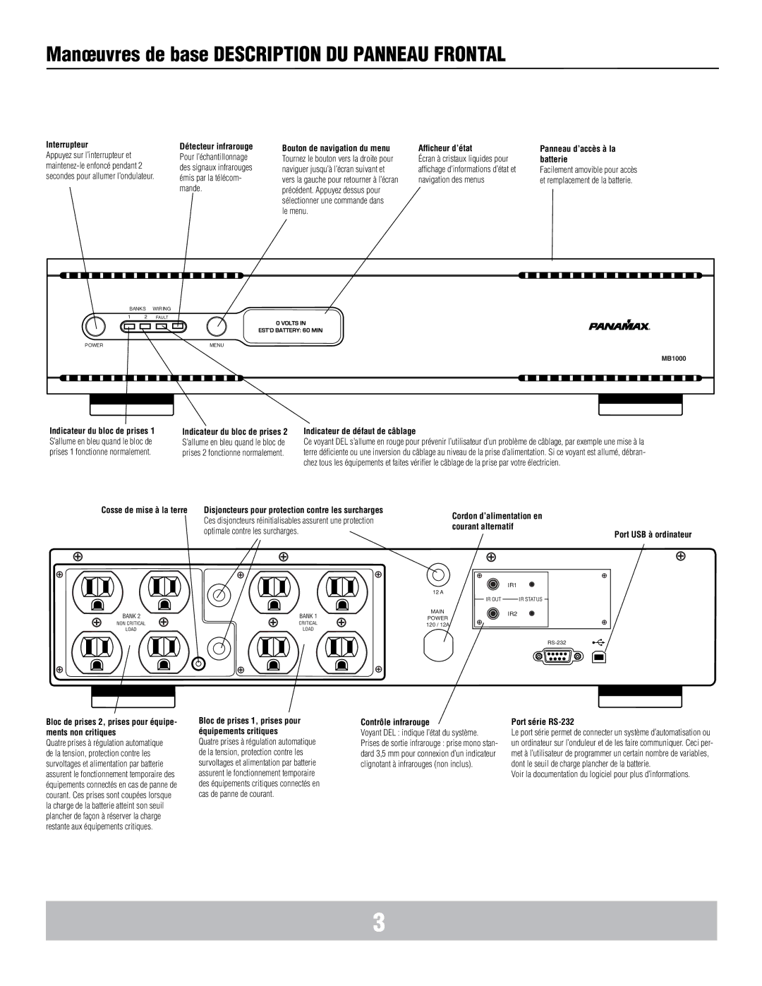 Panamax MB1000 manual Manœuvres de base Description DU Panneau Frontal, Interrupteur 