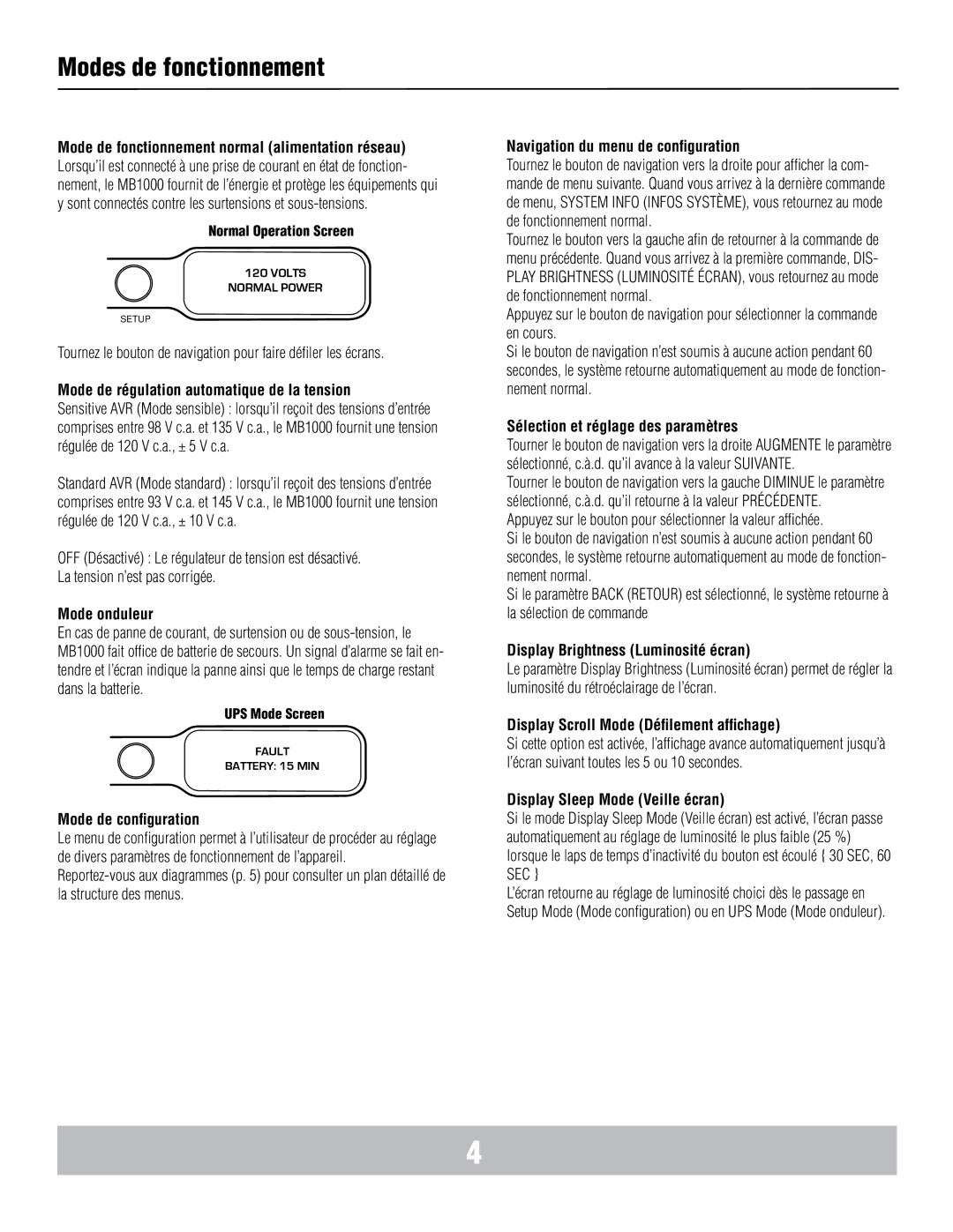 Panamax MB1000 manual Modes de fonctionnement 