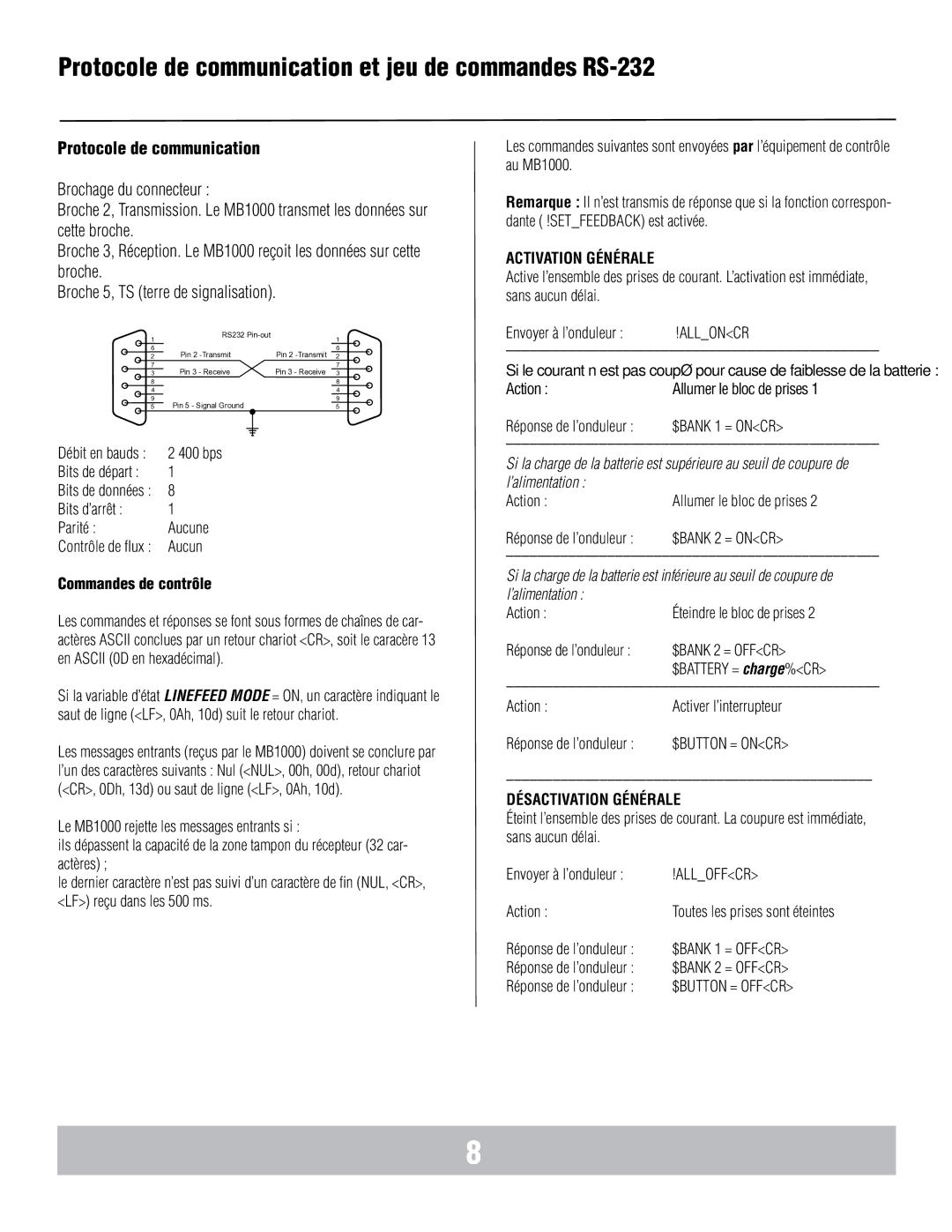 Panamax MB1000 manual Protocole de communication, Commandes de contrôle, Activation Générale, Désactivation Générale 