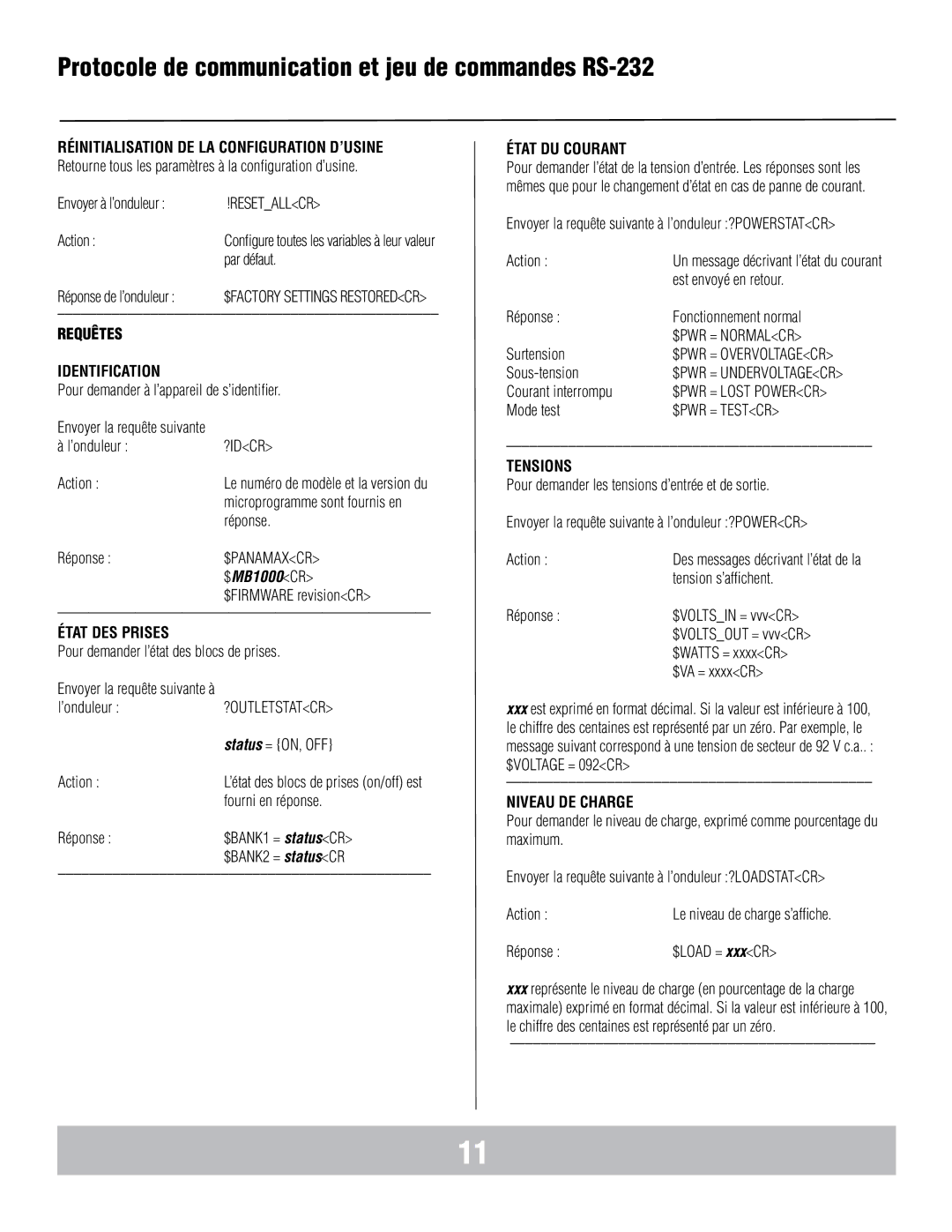 Panamax MB1000 manual Requêtes Identification, État DES Prises, État DU Courant, Tensions, Niveau DE Charge 