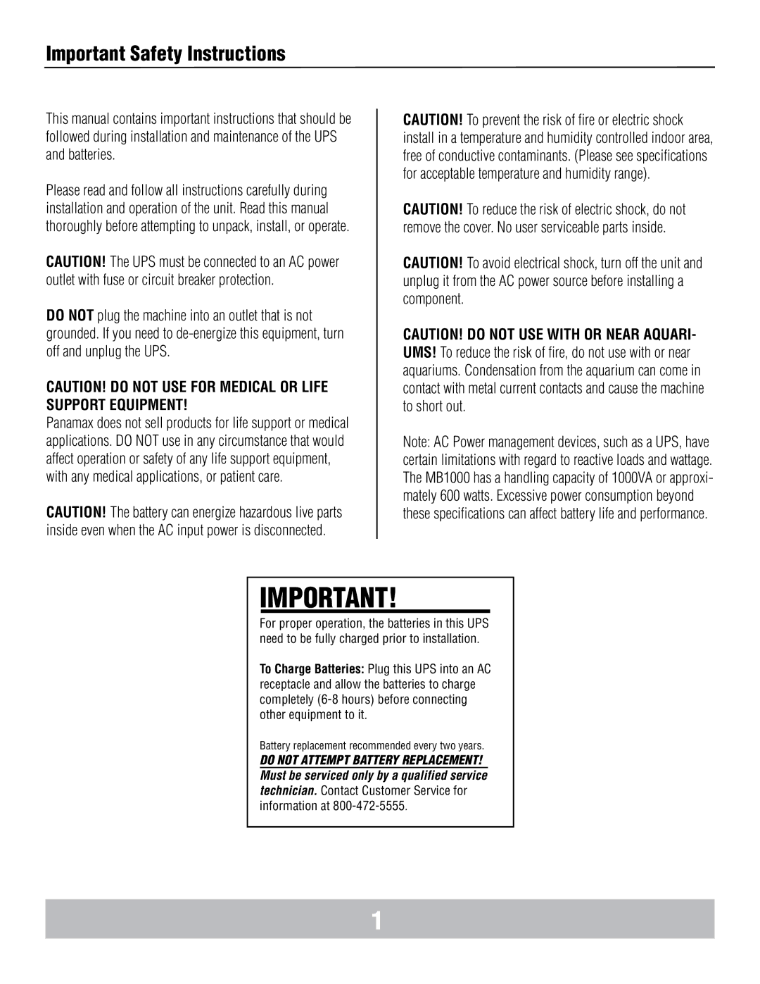 Panamax MB1000 manual Important Safety Instructions, Battery replacement recommended every two years 