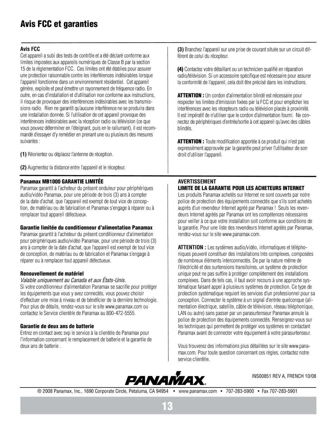 Panamax MB1000 manual Avis FCC et garanties, Avertissement 