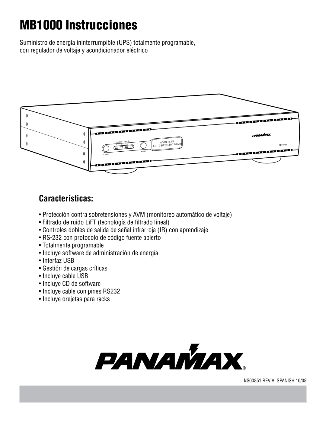 Panamax manual MB1000 Instrucciones, Características 