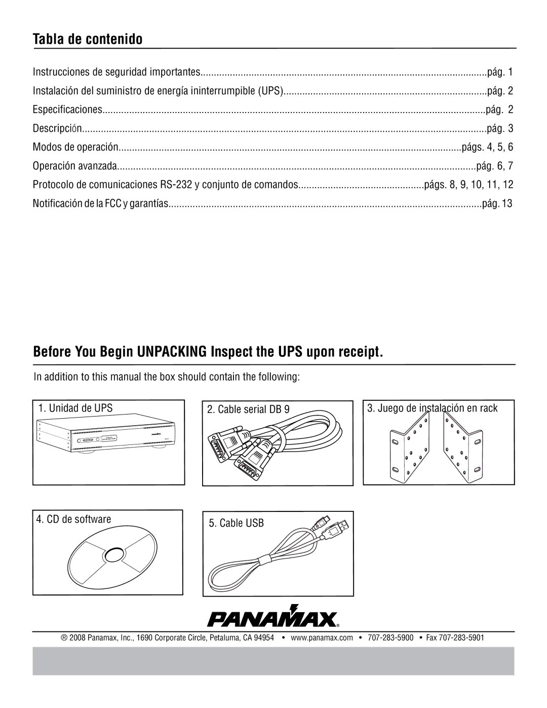 Panamax MB1000 manual Tabla de contenido, Págs , 9, 10, 11, Cable USB 