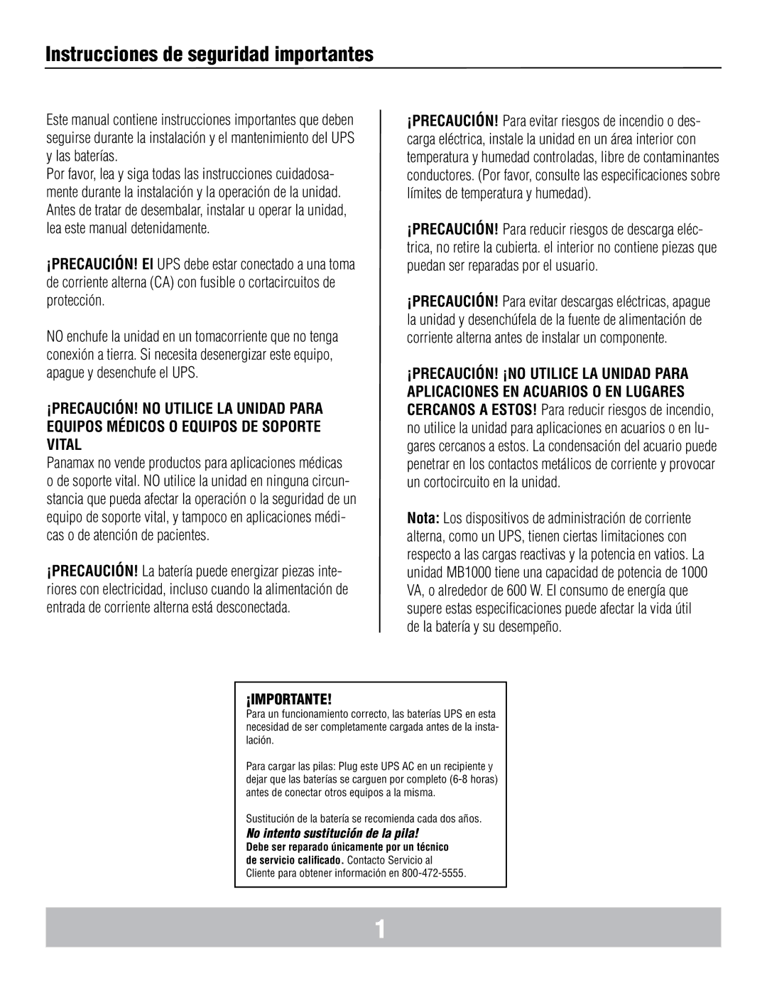 Panamax MB1000 manual Instrucciones de seguridad importantes, ¡Importante 