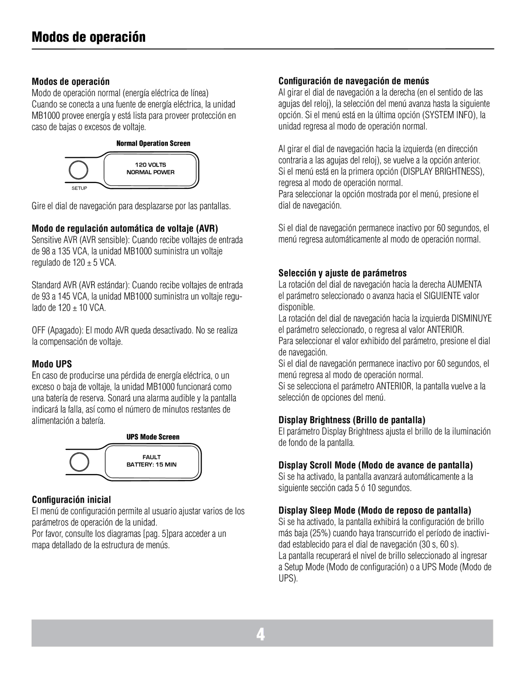 Panamax MB1000 manual Modos de operación 