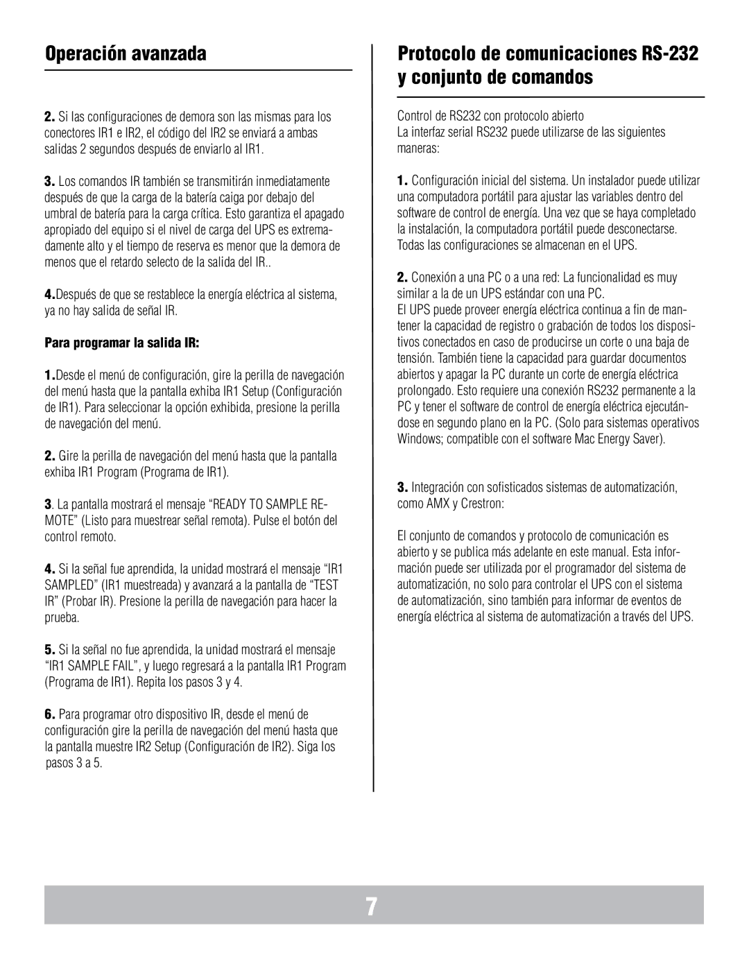 Panamax MB1000 manual Protocolo de comunicaciones RS-232 y conjunto de comandos, Para programar la salida IR 