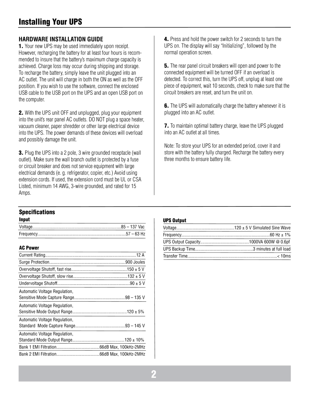 Panamax MB1000 manual Installing Your UPS, Input, AC Power, UPS Output 