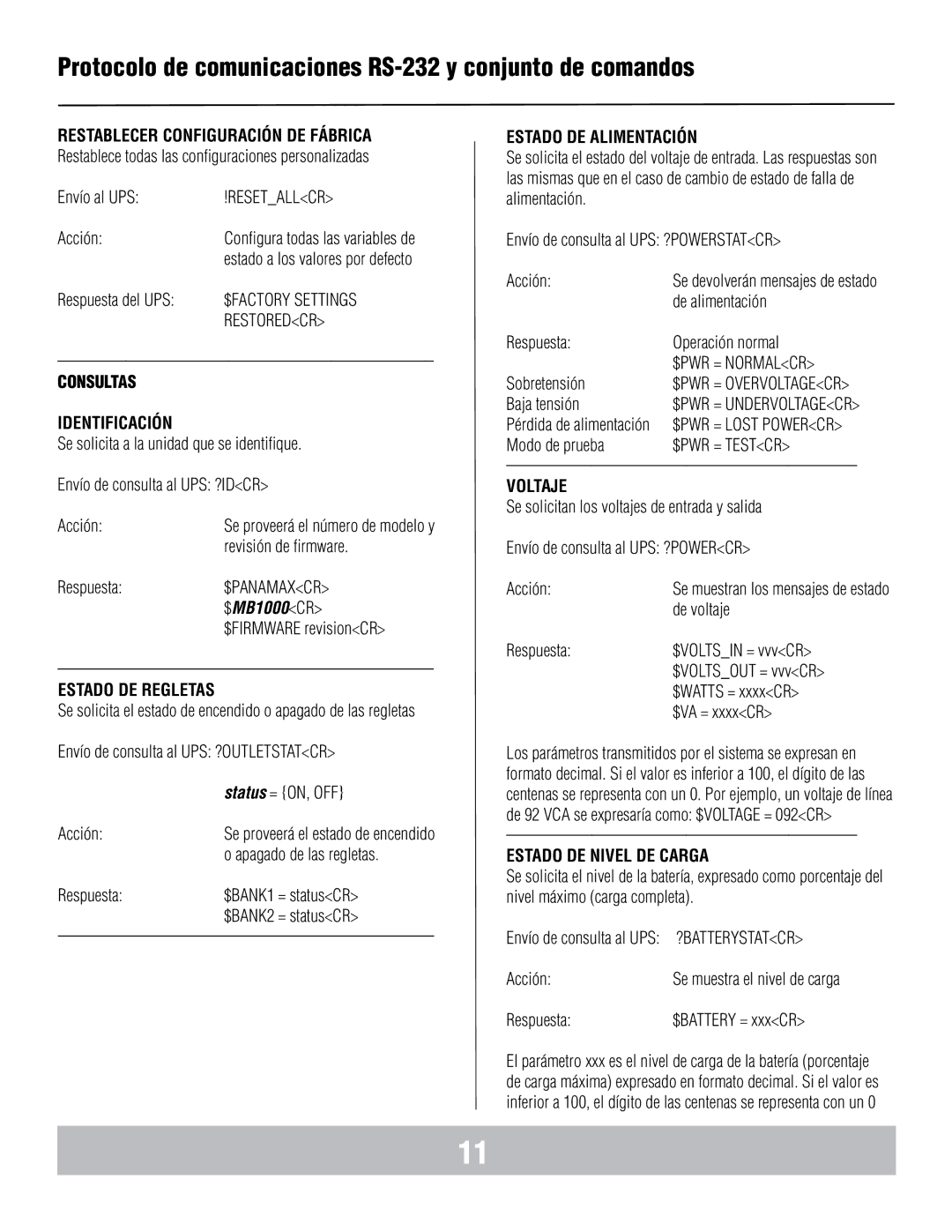 Panamax MB1000 Consultas Identificación, Estado DE Regletas, Estado DE Alimentación, Voltaje, Estado DE Nivel DE Carga 