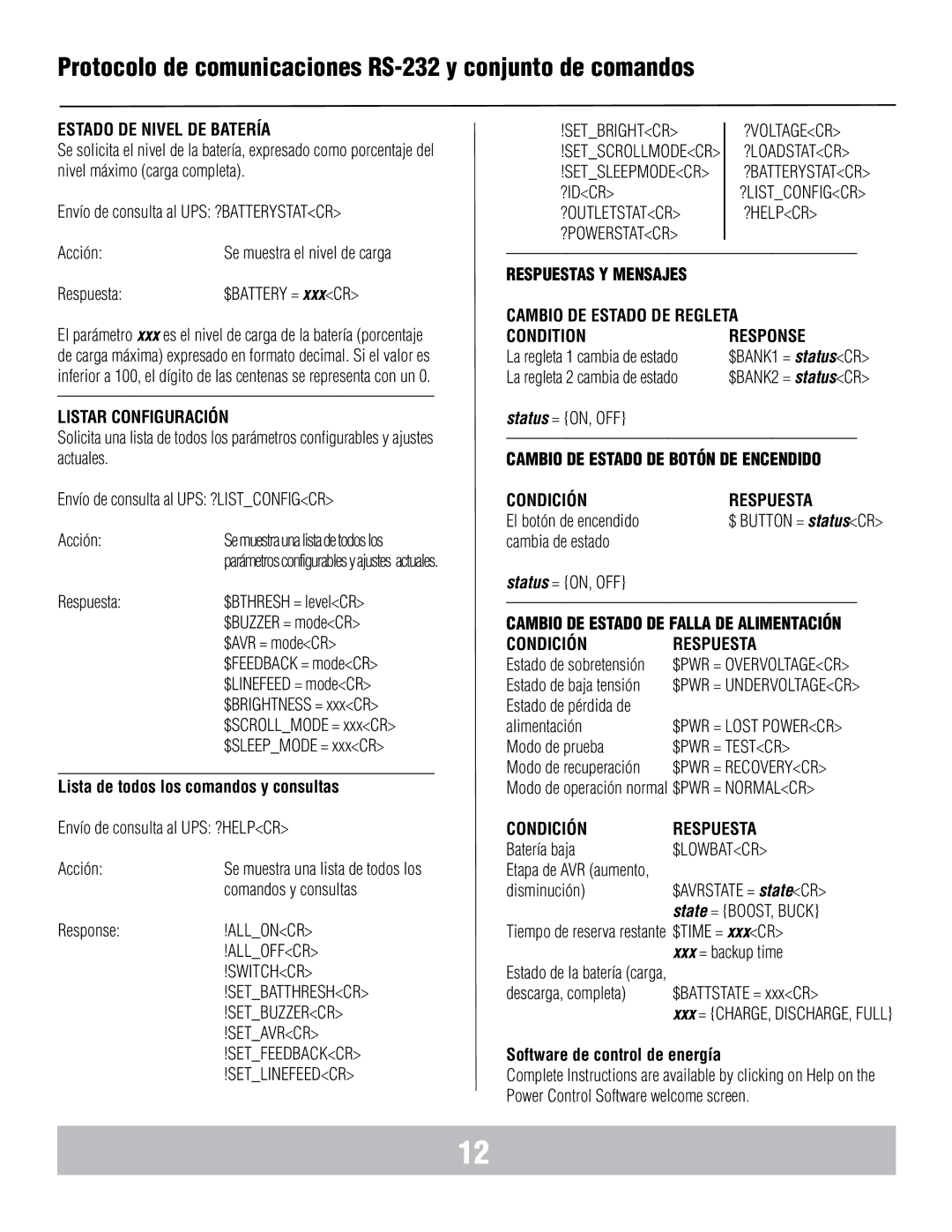 Panamax MB1000 manual Estado DE Nivel DE Batería, Listar Configuración, Cambio DE Estado DE Regleta, Condition Response 