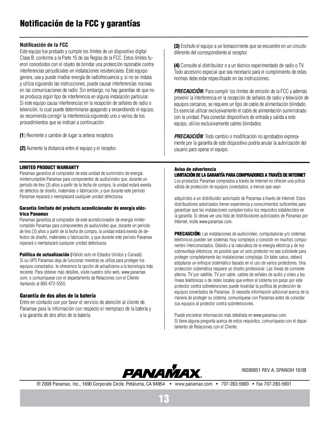 Panamax MB1000 manual Notificación de la FCC y garantías, Garantía de dos años de la batería 