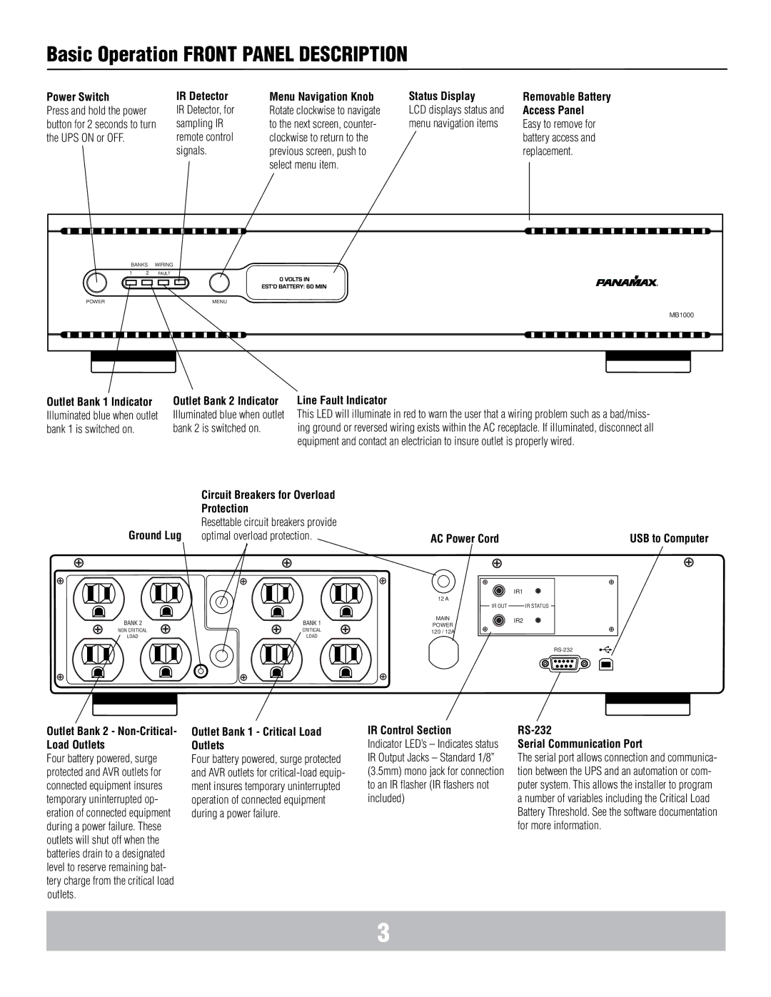 Panamax MB1000 manual Basic Operation Front Panel Description, Power Switch 