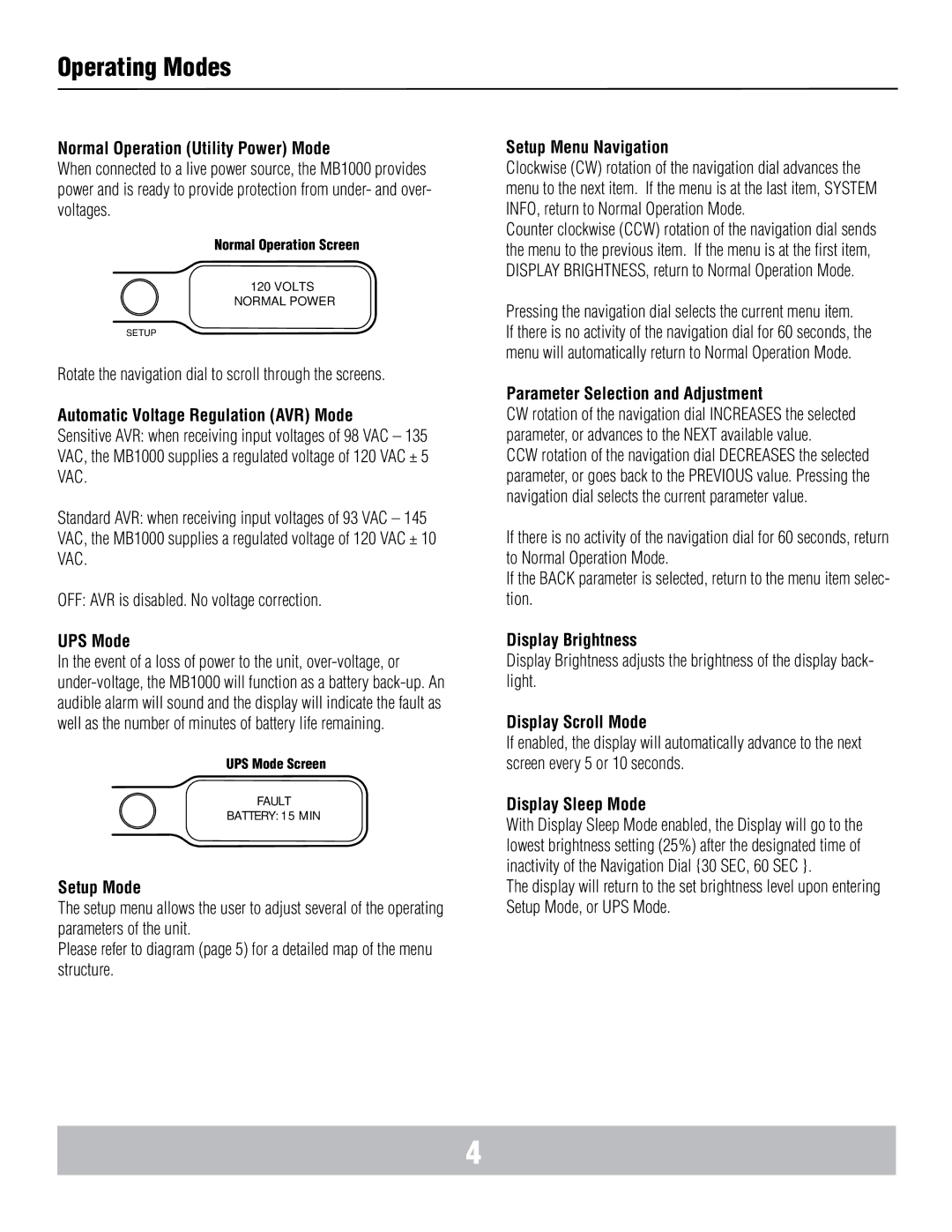 Panamax MB1000 manual Operating Modes 