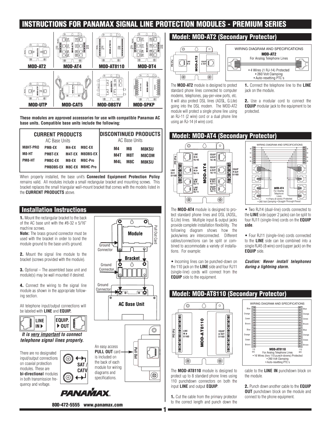 Panamax MODCAT5 installation instructions Model MOD-AT2 Secondary Protector, Model MOD-AT4 Secondary Protector 