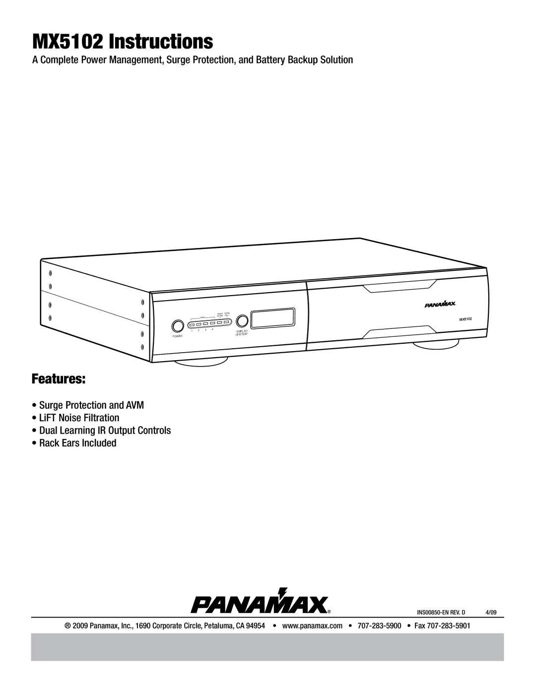 Panamax manual MX5102 Instructions, Features 