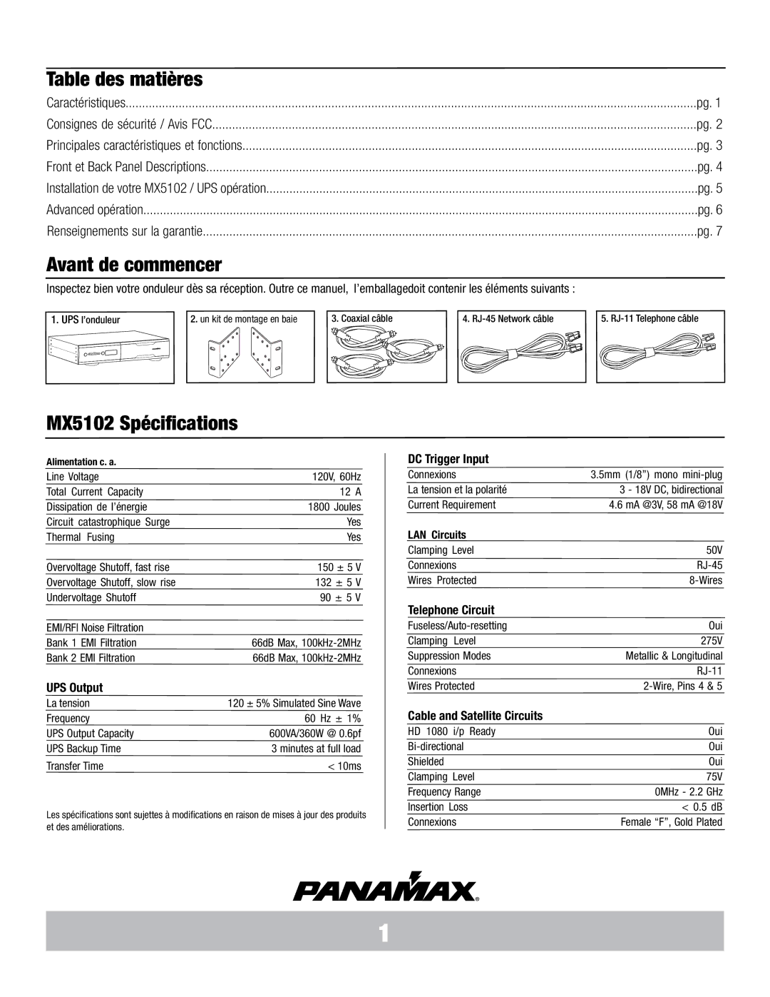 Panamax manual Table des matières, Avant de commencer, MX5102 Spécifications, Alimentation c. a 