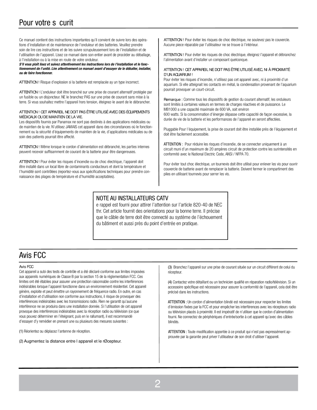 Panamax MX5102 manual Pour votre sécurité, Avis FCC 