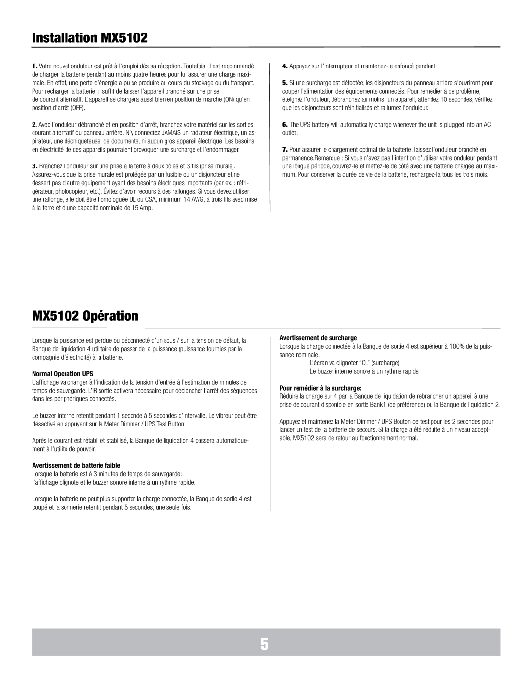 Panamax manual Installation MX5102, MX5102 Opération 