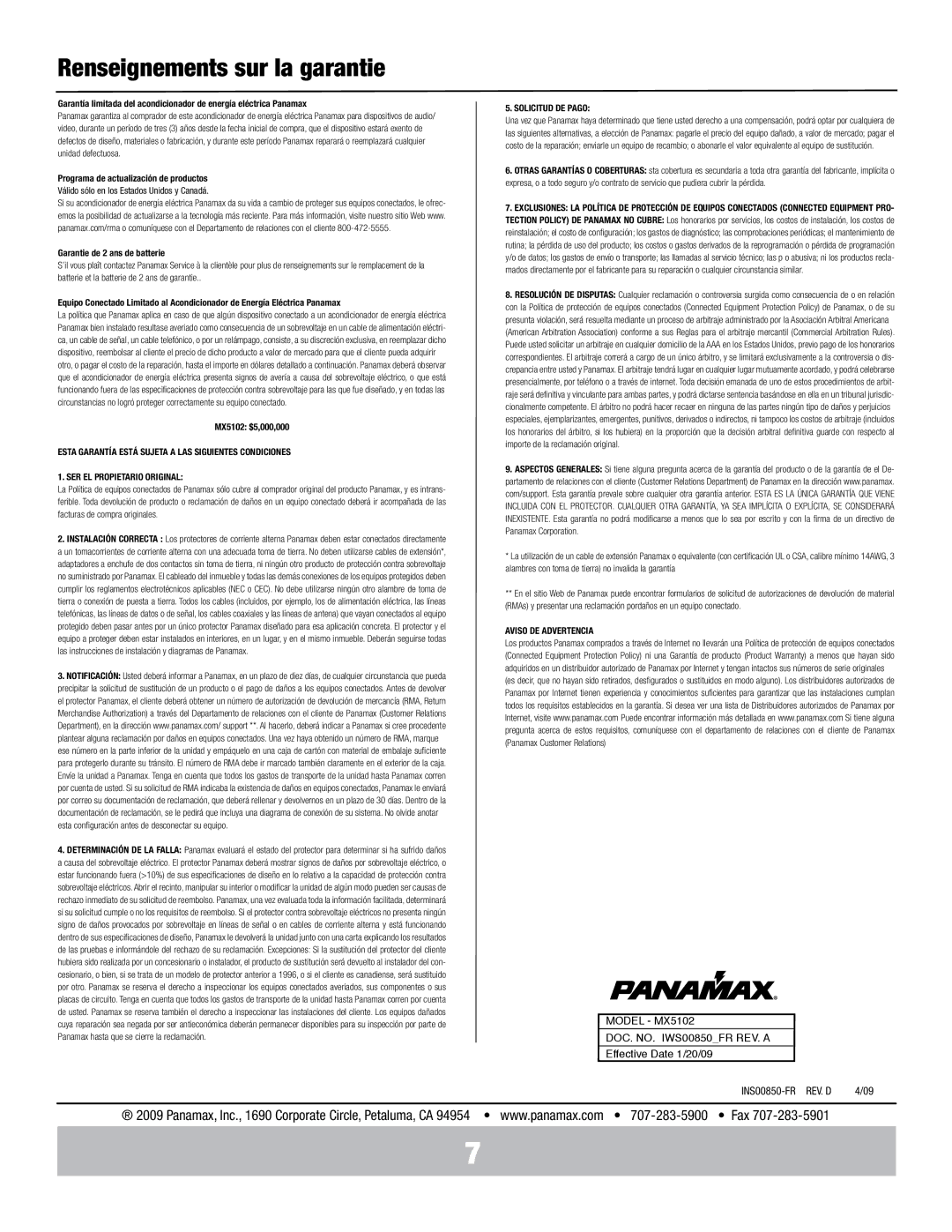 Panamax MX5102 manual Renseignements sur la garantie, Programa de actualización de productos, Garantie de 2 ans de batterie 