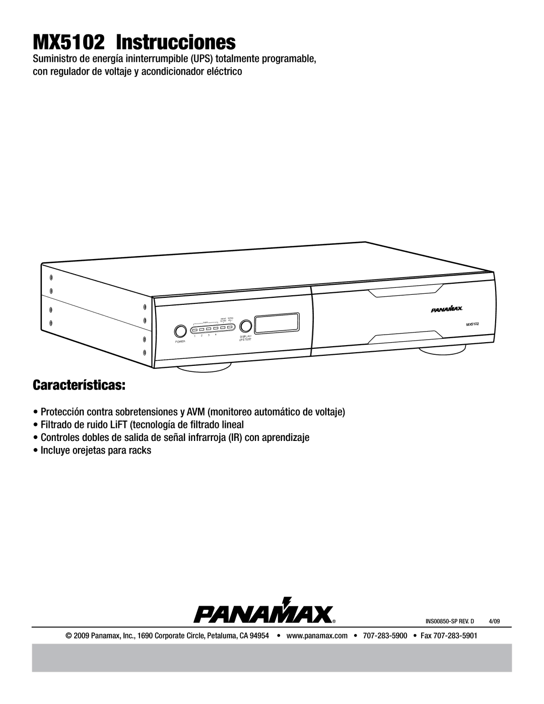 Panamax manual MX5102 Instrucciones, Características 