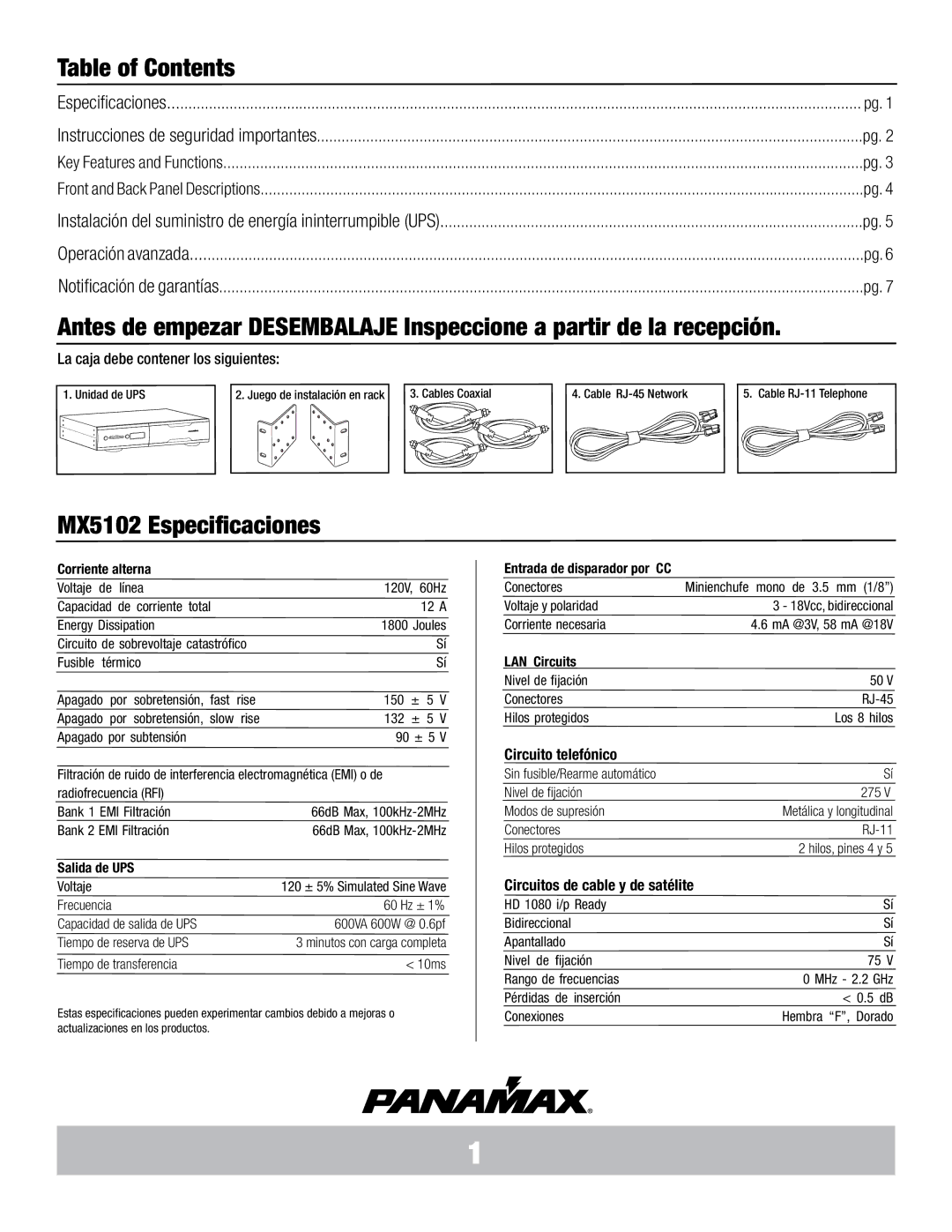 Panamax manual MX5102 Especificaciones, Circuito telefónico, Circuitos de cable y de satélite 