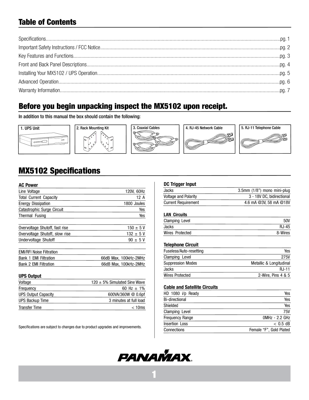 Panamax manual Table of Contents, Before you begin unpacking inspect the MX5102 upon receipt 