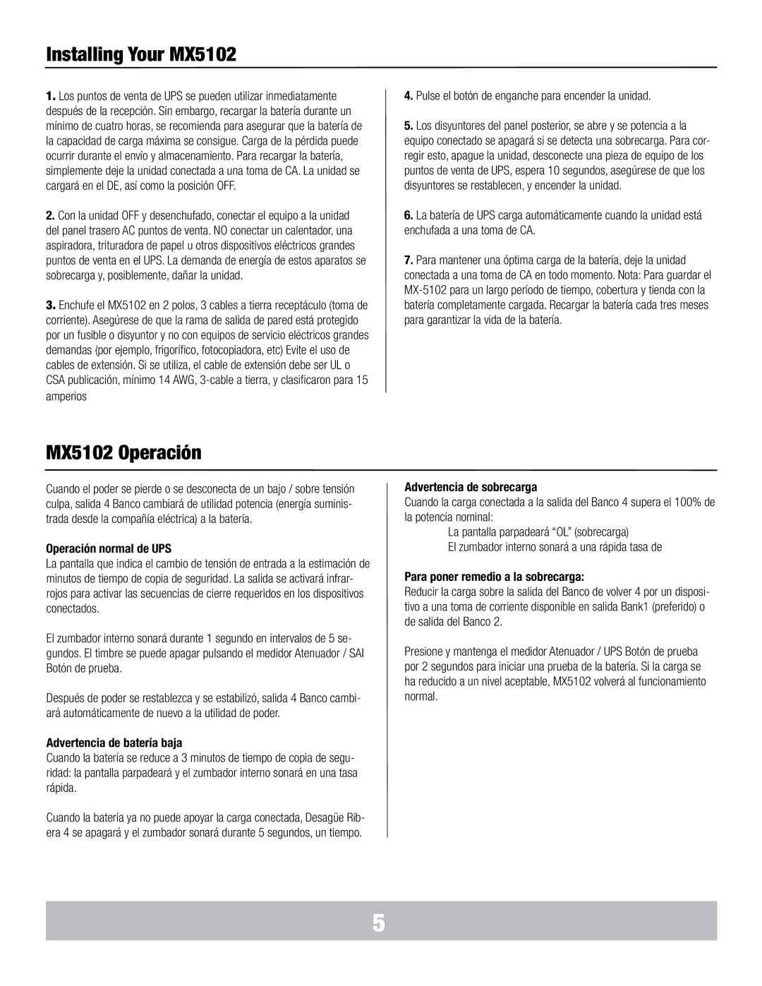 Panamax manual MX5102 Operación, Operación normal de UPS, Advertencia de batería baja, Advertencia de sobrecarga 