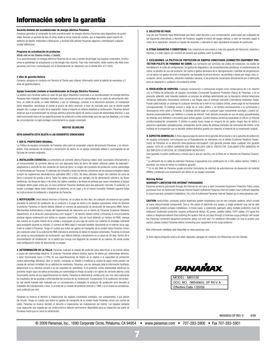 Panamax MX5102 manual Información sobre la garantía, Años de garantía Batería 