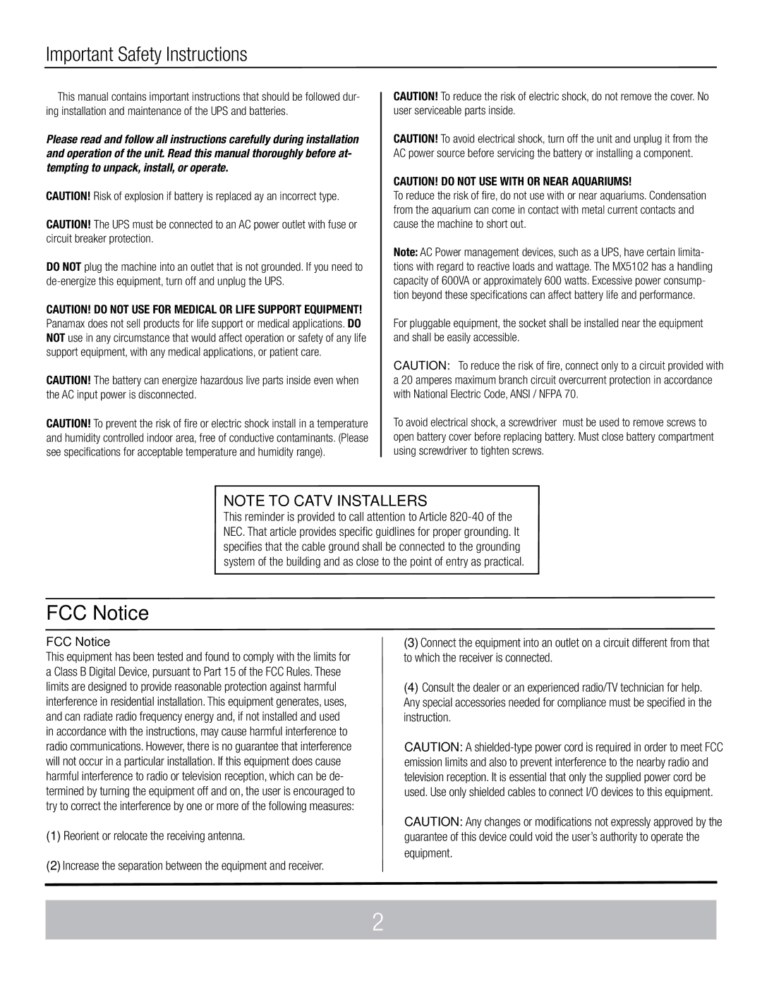 Panamax MX5102 manual Important Safety Instructions, FCC Notice 