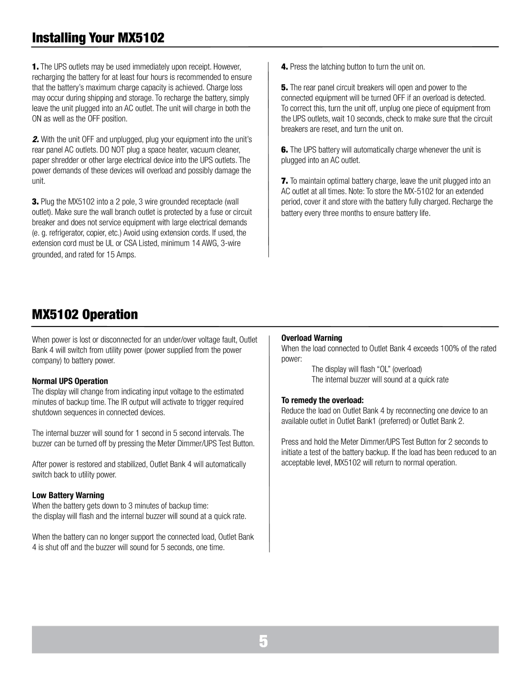 Panamax manual Installing Your MX5102, MX5102 Operation 