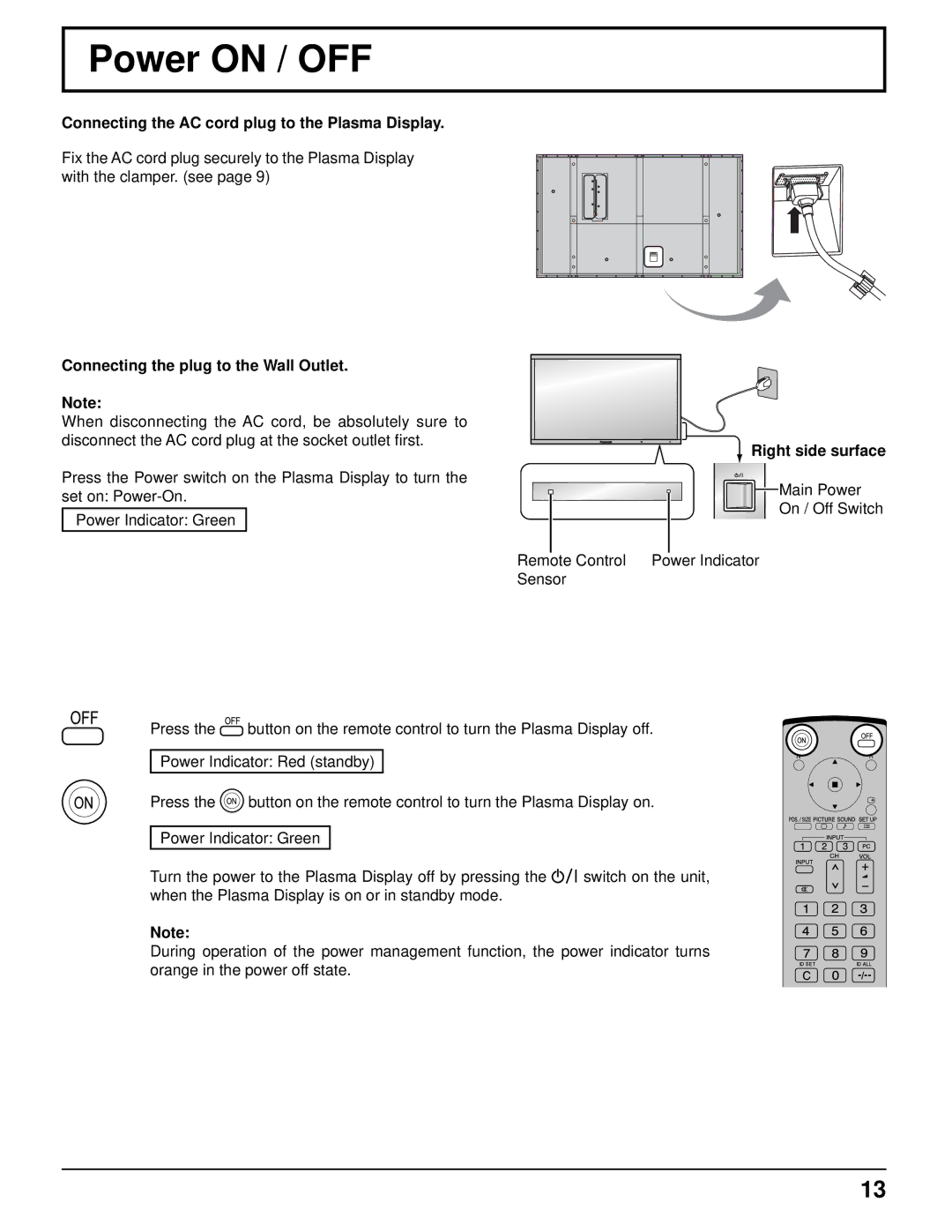 Panasonic 103PF12U manual Power on / OFF, Connecting the AC cord plug to the Plasma Display, Right side surface 