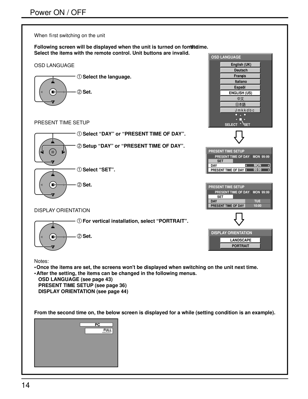 Panasonic 103PF12U Power on / OFF, When ﬁrst switching on the unit, OSD Language, Present Time Setup, Display Orientation 