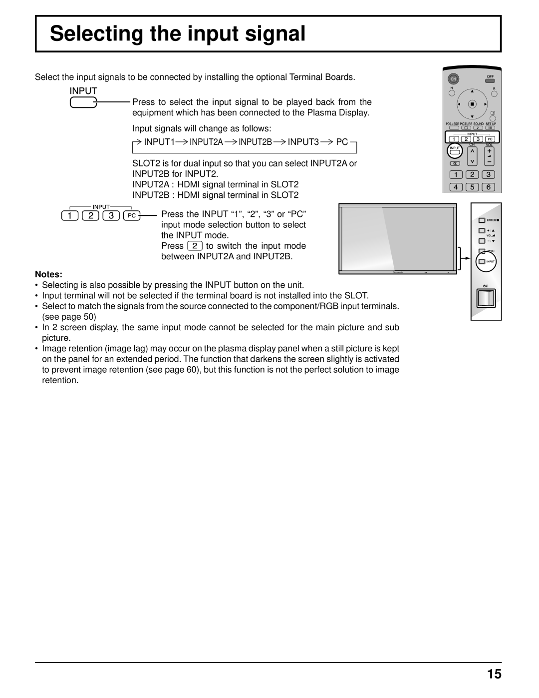 Panasonic 103PF12U manual Selecting the input signal, INPUT1 INPUT2A INPUT2B INPUT3 PC 