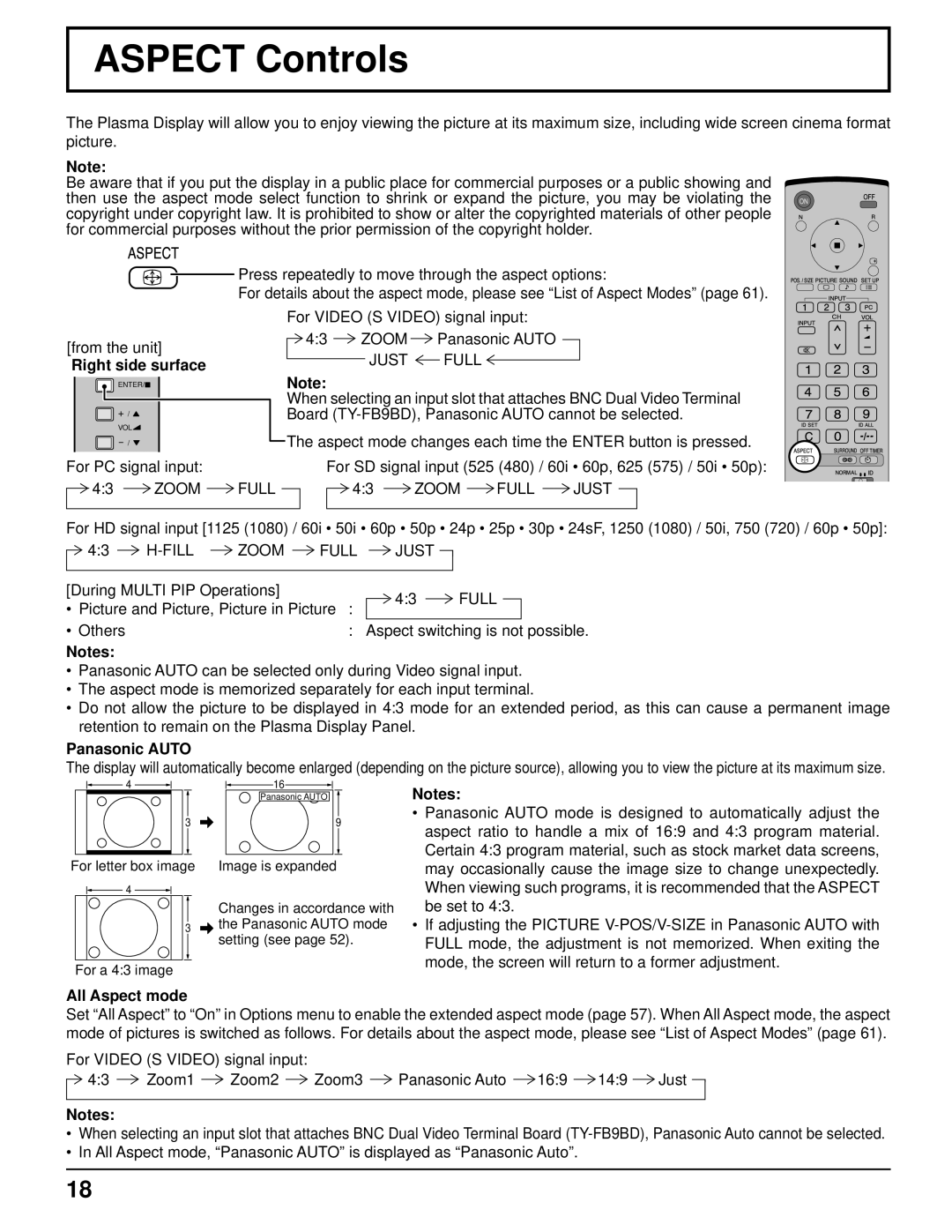 Panasonic 103PF12U manual Aspect Controls, Panasonic Auto, All Aspect mode 