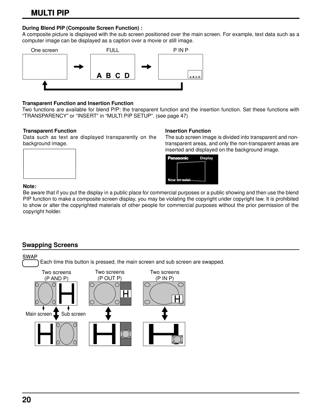 Panasonic 103PF12U Swapping Screens, During Blend PIP Composite Screen Function, Transparent Function Insertion Function 