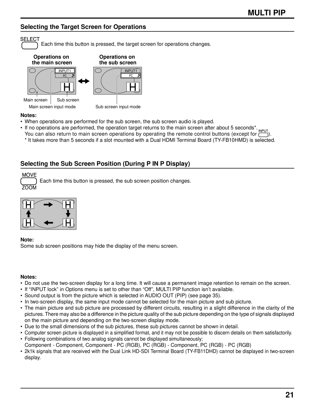 Panasonic 103PF12U Selecting the Target Screen for Operations, Selecting the Sub Screen Position During P in P Display 